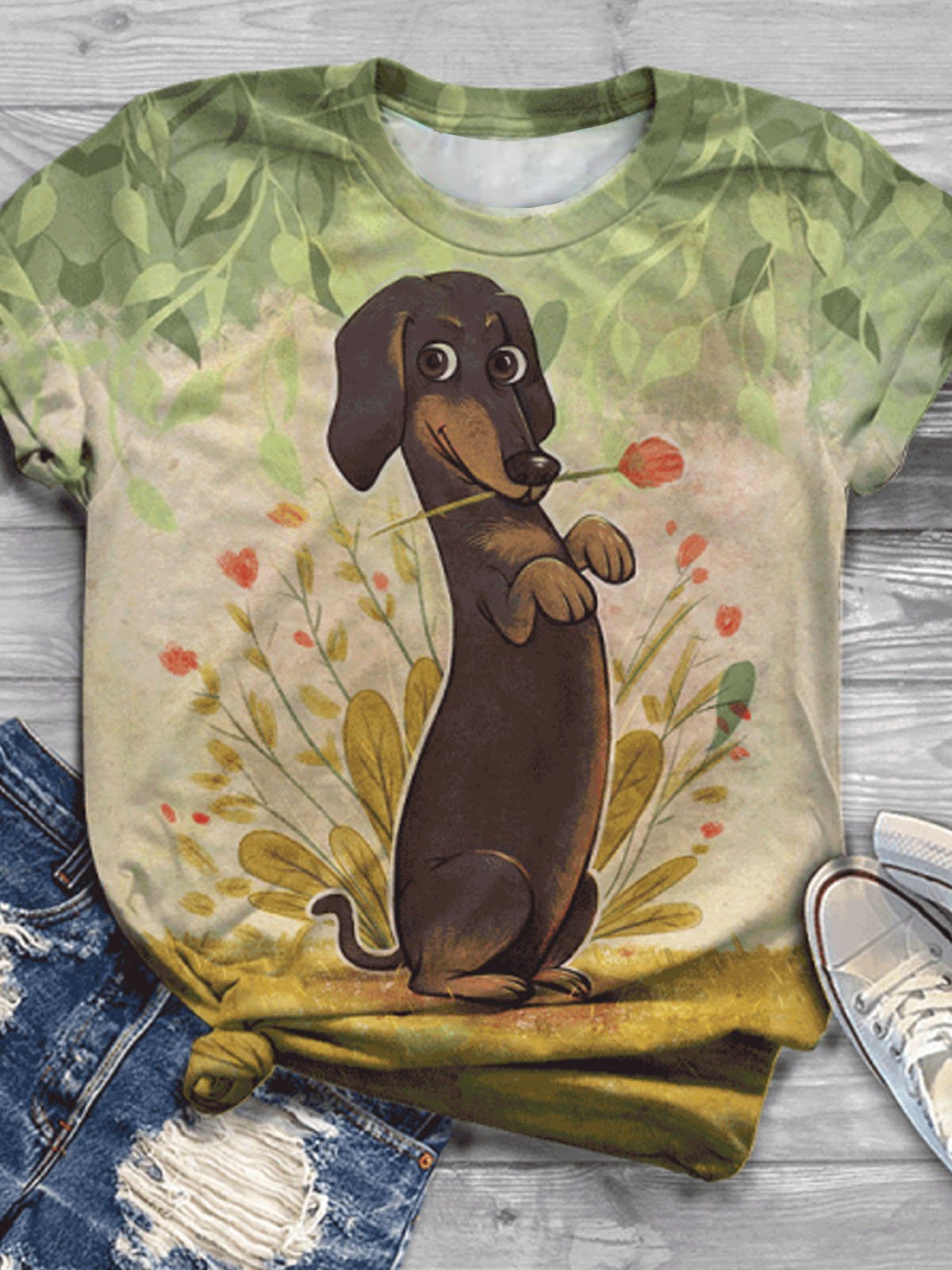 Funny dog print round neck short sleeved casual T-shirt