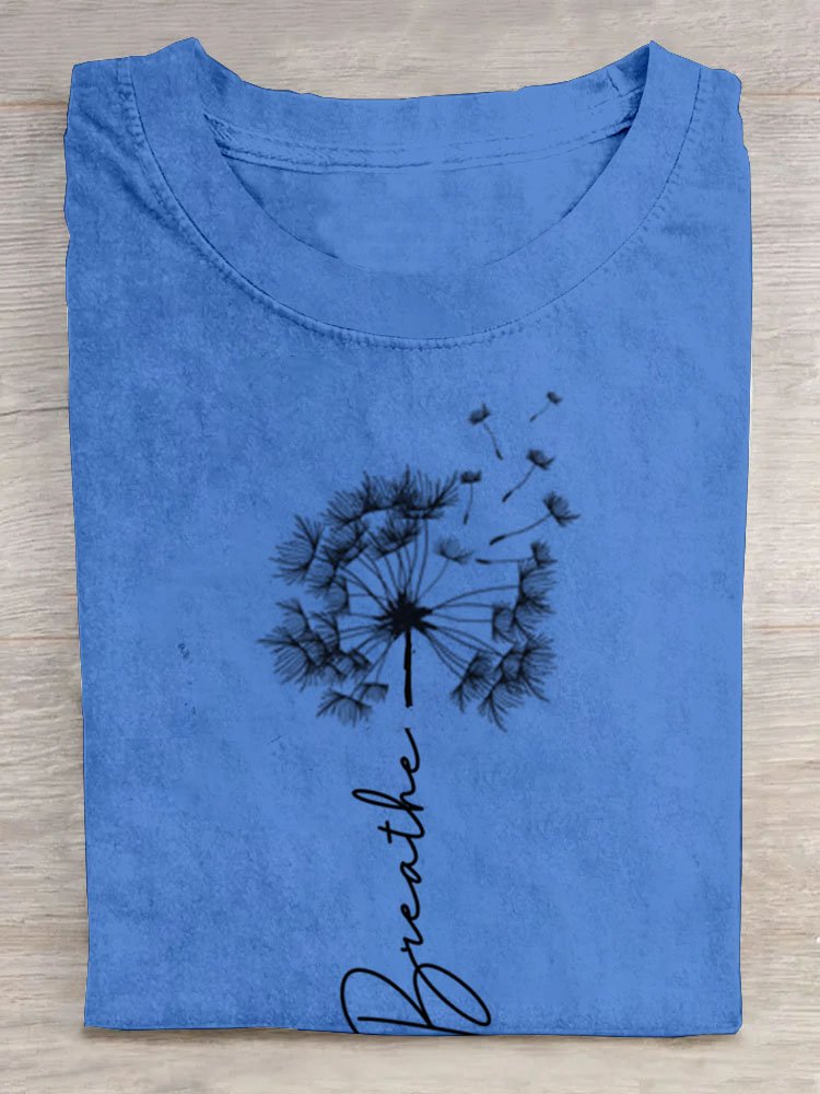 Text Letters Dandelion printed round neck long sleeved casual T-shirt