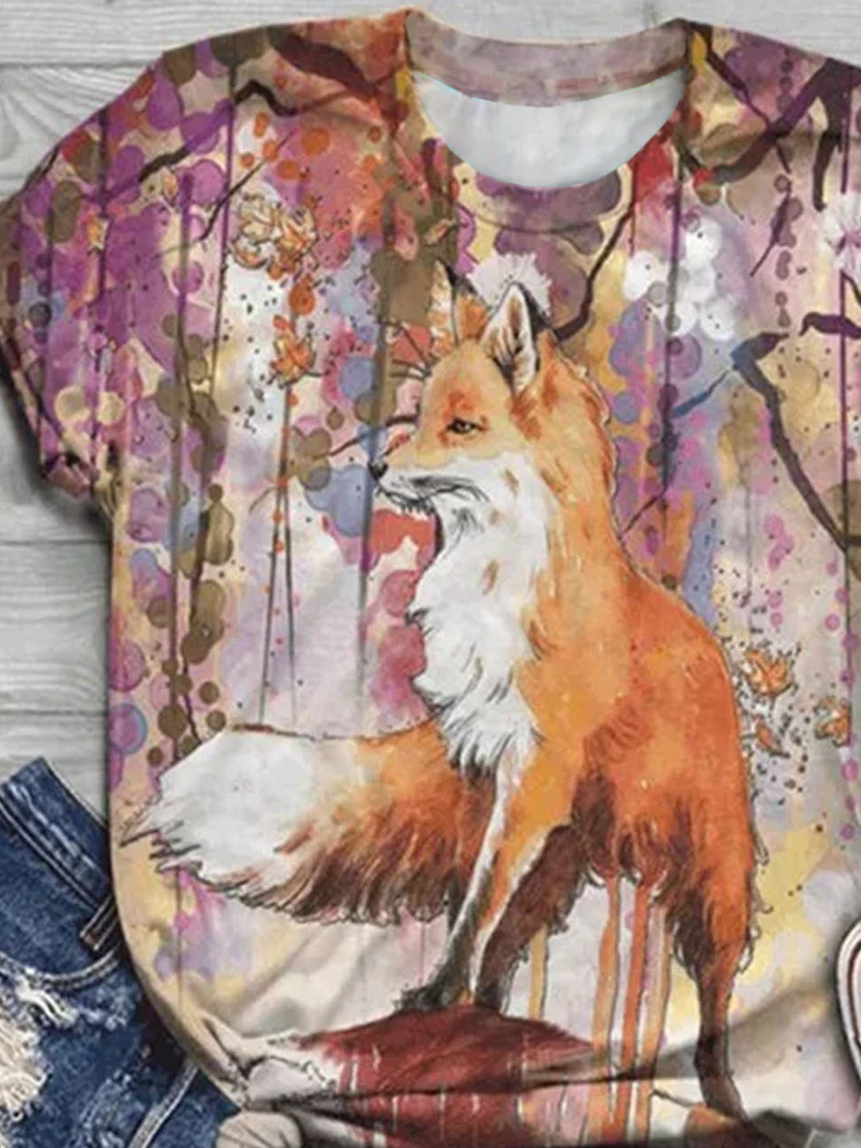 Fox print round neck short sleeved casual T-shirt