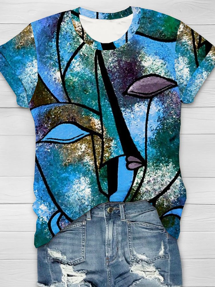 Abstract face print round neck short sleeved casual T-shirt