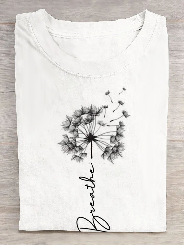 Text Letters Dandelion printed round neck long sleeved casual T-shirt