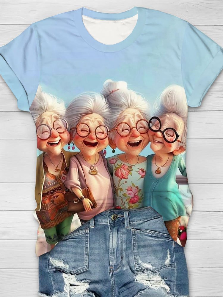 Fashionable grandma printed round neck short sleeved casual T-shirt