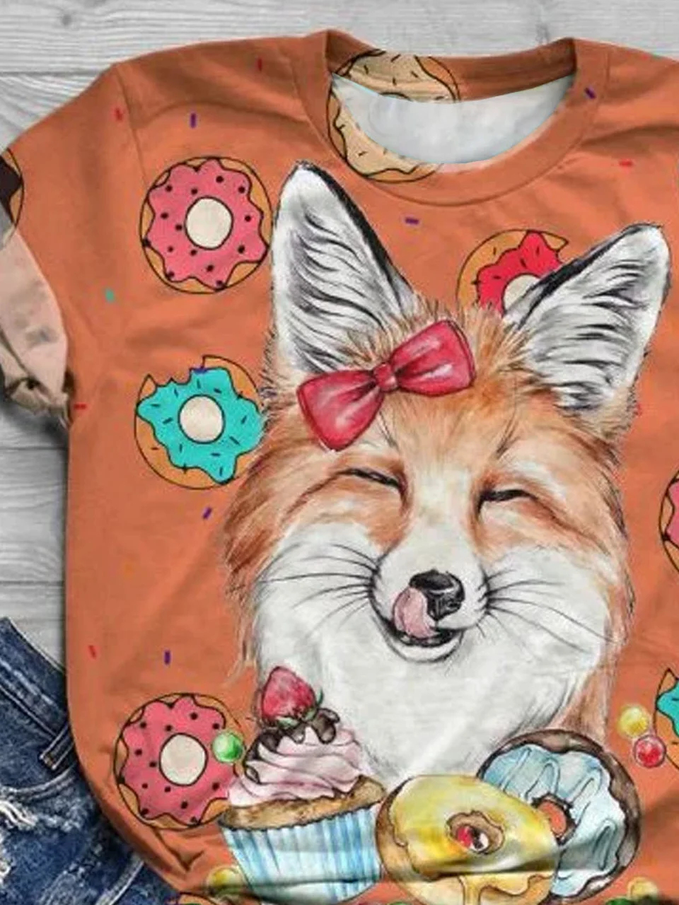 Fun donut dog print round neck short sleeved casual T-shirt