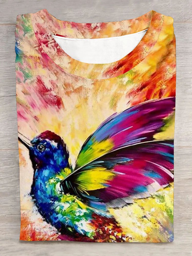 Artistic bird print round neck short sleeved casual T-shirt