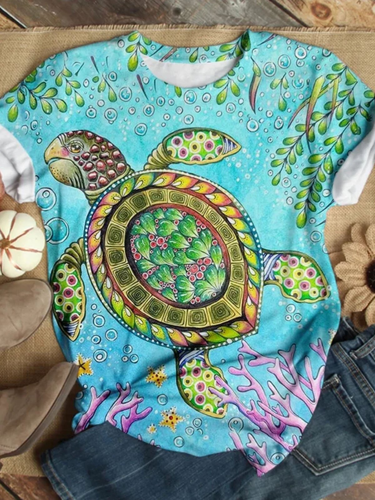 Sea Turtle print round neck short sleeved casual T-shirt