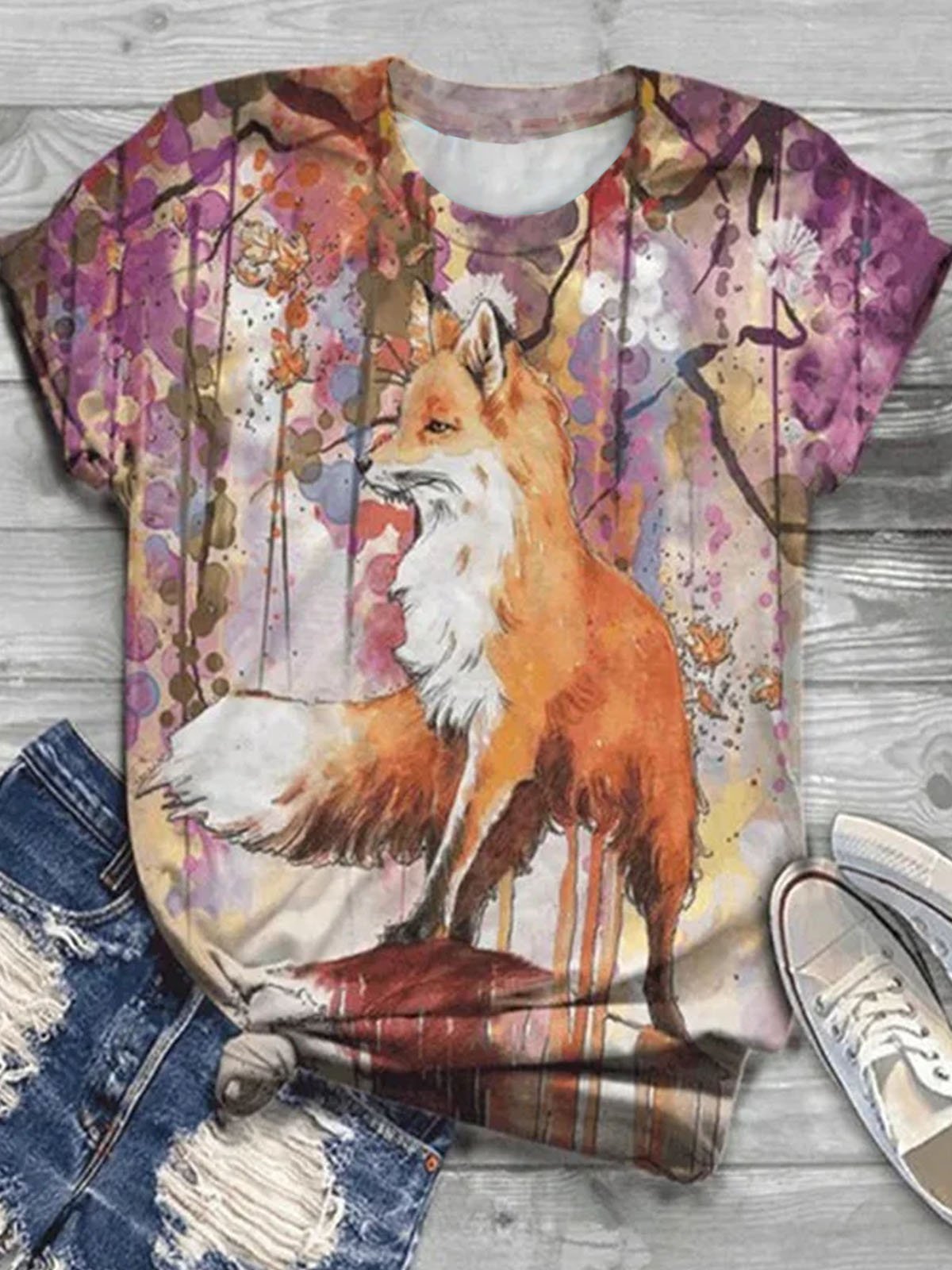 Fox print round neck short sleeved casual T-shirt