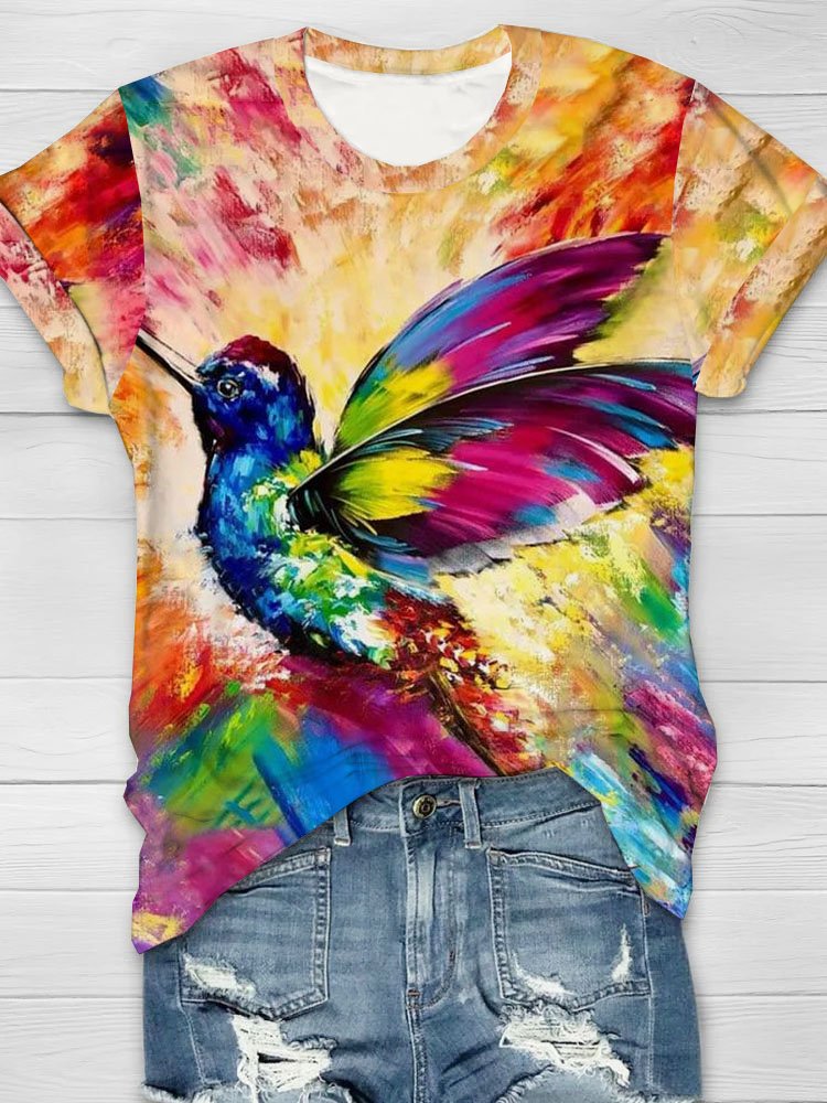 Artistic bird print round neck short sleeved casual T-shirt