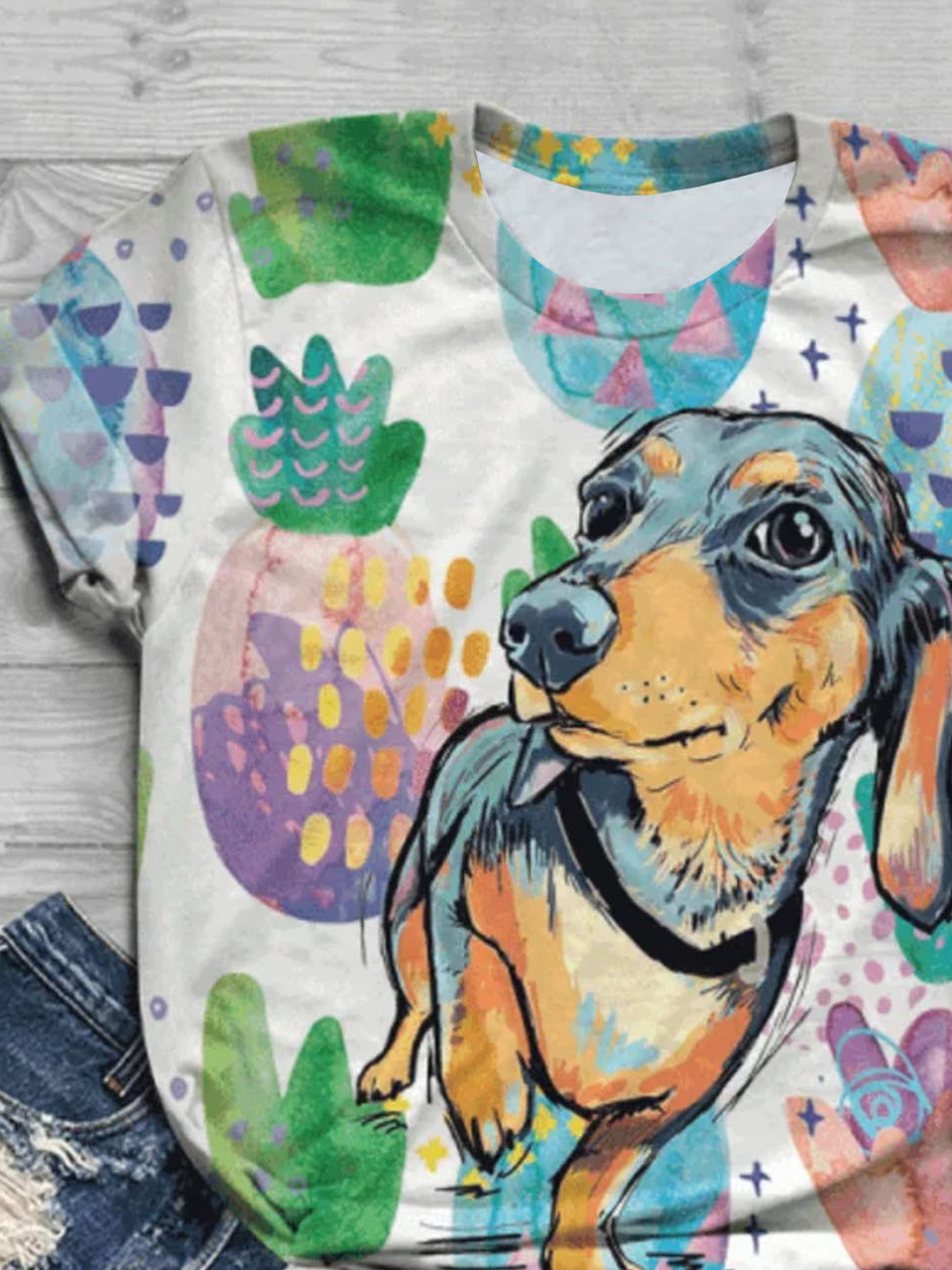 Dog Pineapple Printed Short Sleeve Round Neck Casual T-shirt