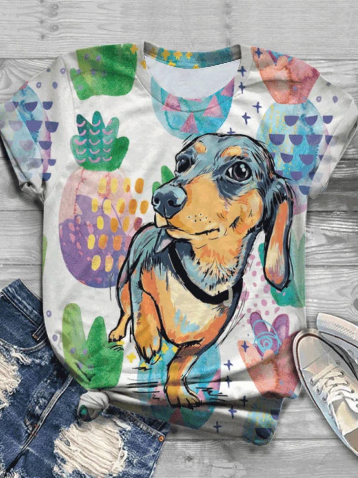 Dog Pineapple Printed Short Sleeve Round Neck Casual T-shirt