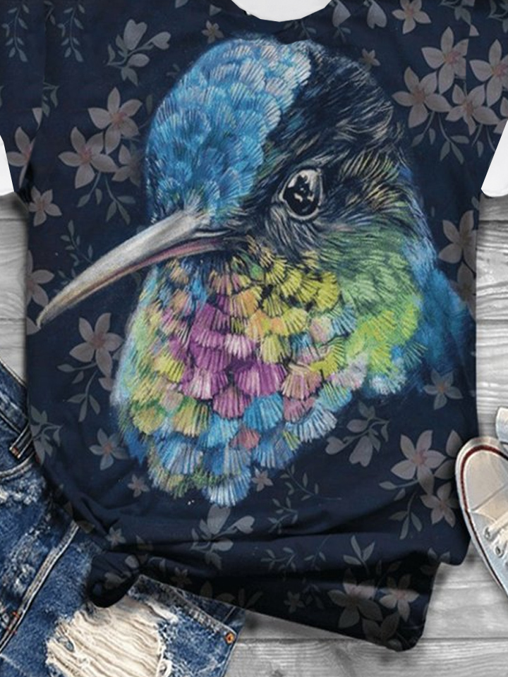 Casual Loose Crew Neck Floral Bird T-Shirt