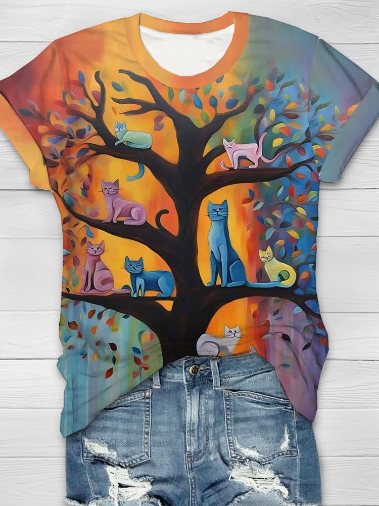 Tree and cat print round neck short sleeved casual T-shirt