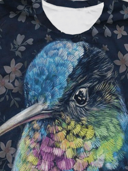 Casual Loose Crew Neck Floral Bird T-Shirt