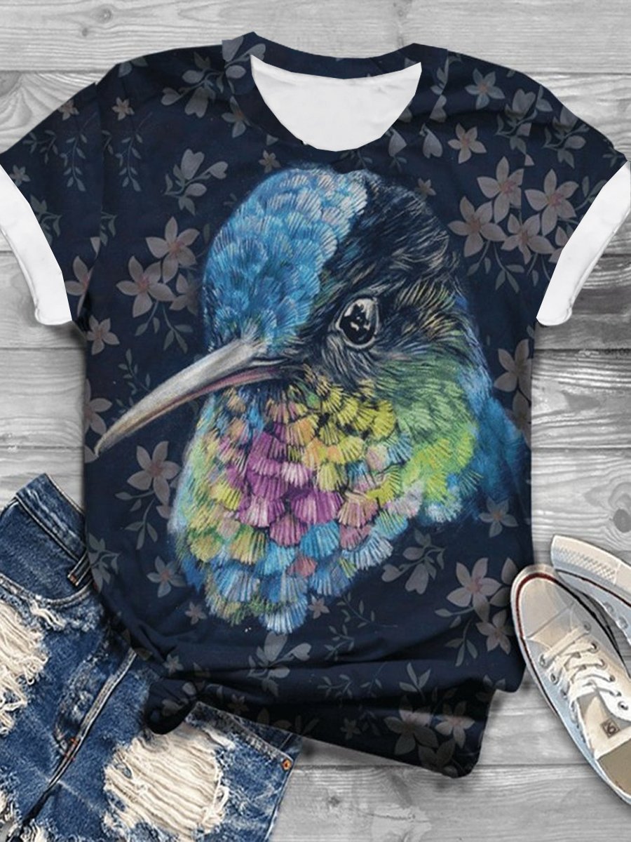 Casual Loose Crew Neck Floral Bird T-Shirt