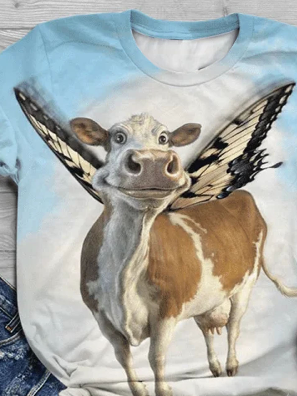 Cow and butterfly print round neck short sleeved casual T-shirt