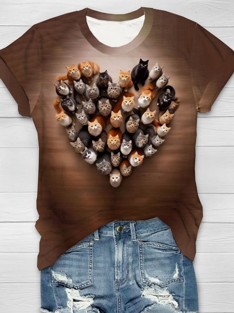 Funny cat print round neck short sleeved casual T-shirt