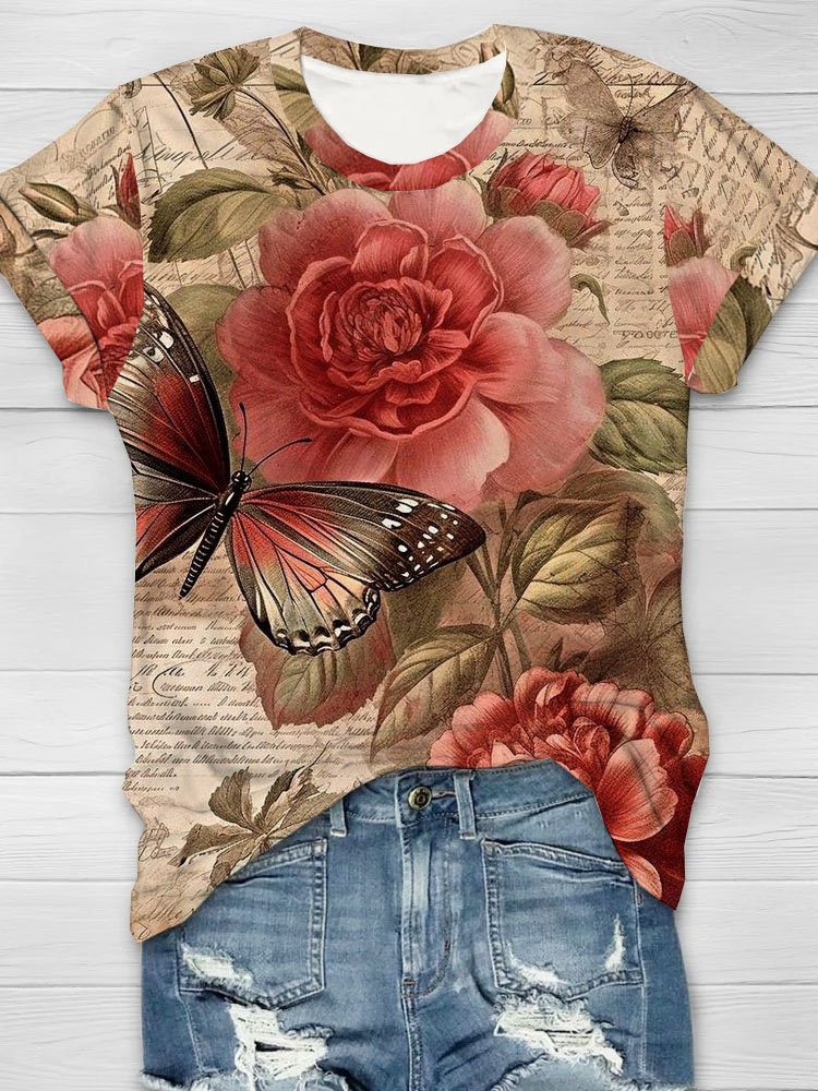 Text letter floral print round neck short sleeved casual T-shirt