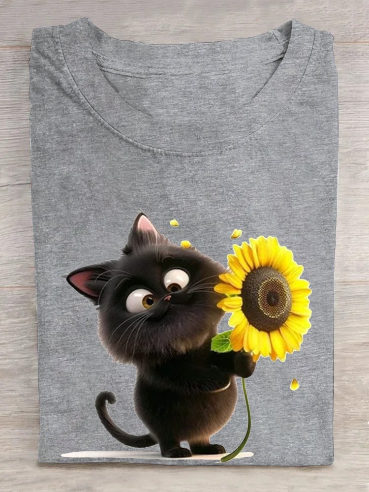 Loose Casual Cat Crew Neck T-Shirt