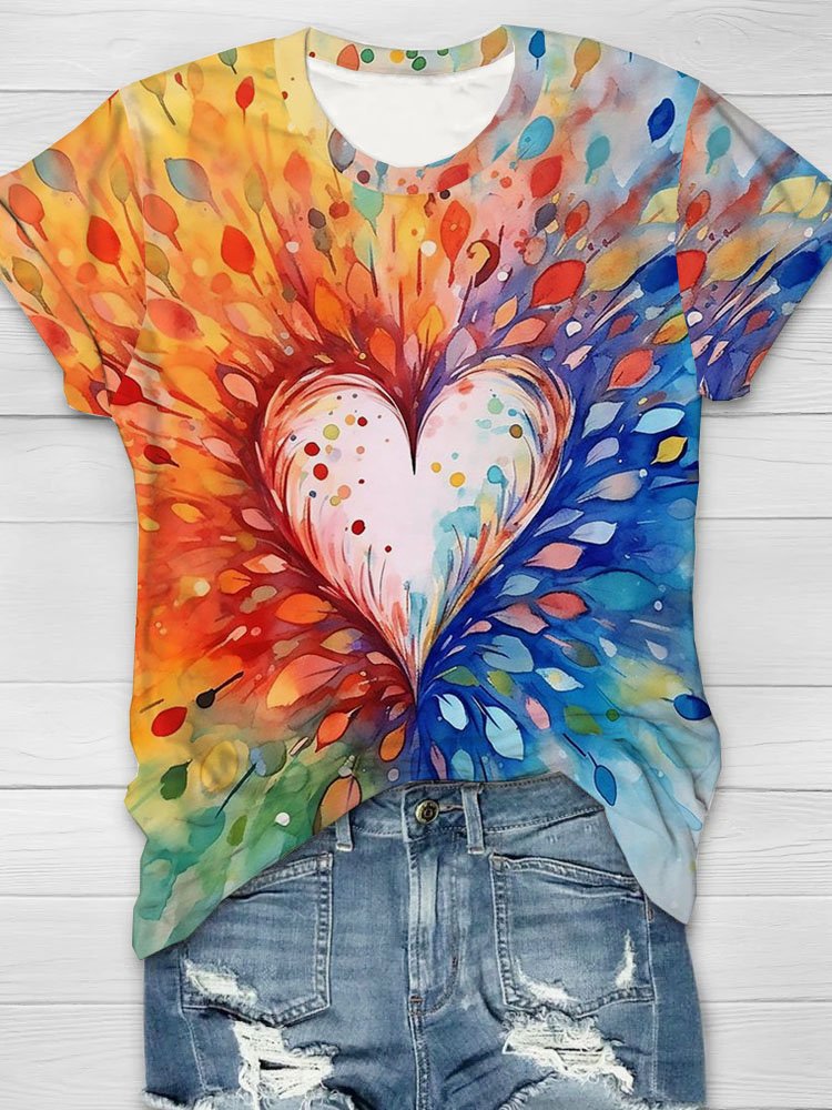 Abstract heart-shaped printed round neck short sleeved casual T-shirt