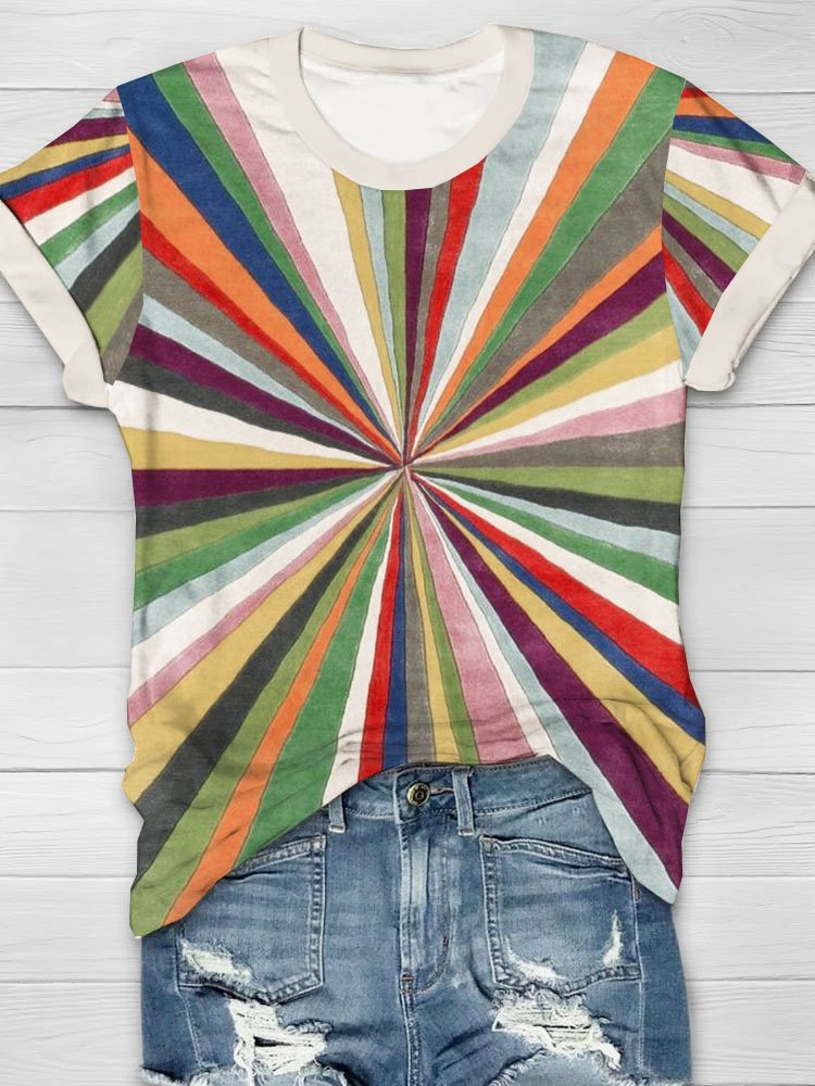 Abstract striped printed round neck long sleeved casual T-shirt