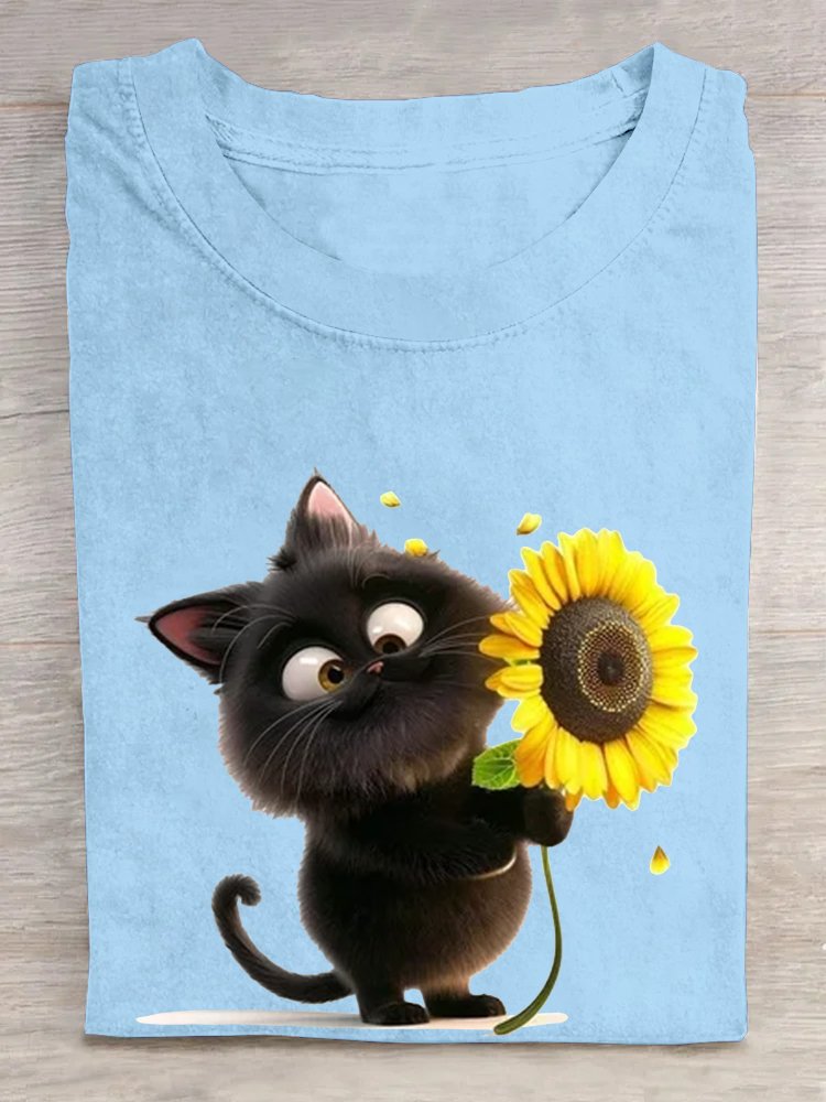 Loose Casual Cat Crew Neck T-Shirt