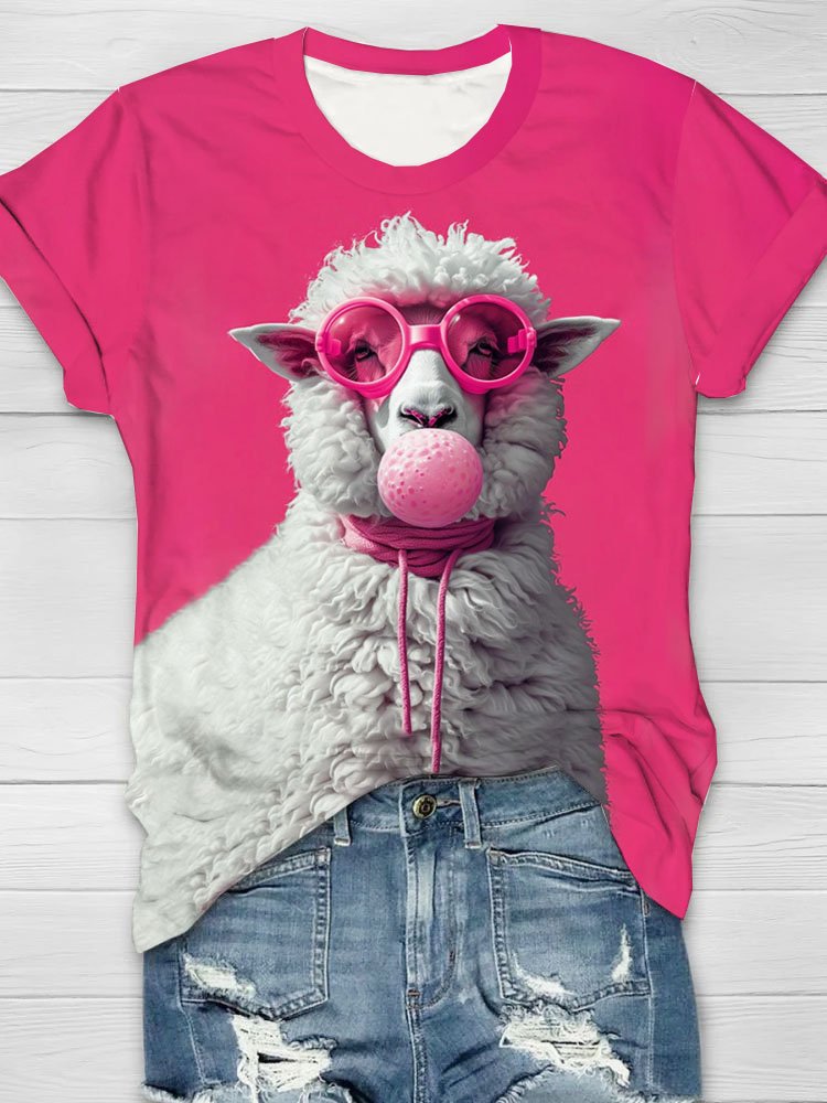 Funny sheep print round neck short sleeved casual T-shirt