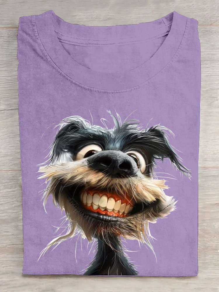 Funny Toothed Dog Printed Round Neck T-shirt