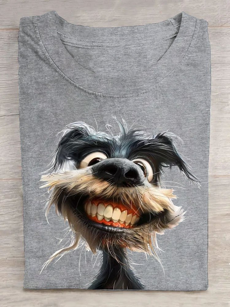 Funny Toothed Dog Printed Round Neck T-shirt