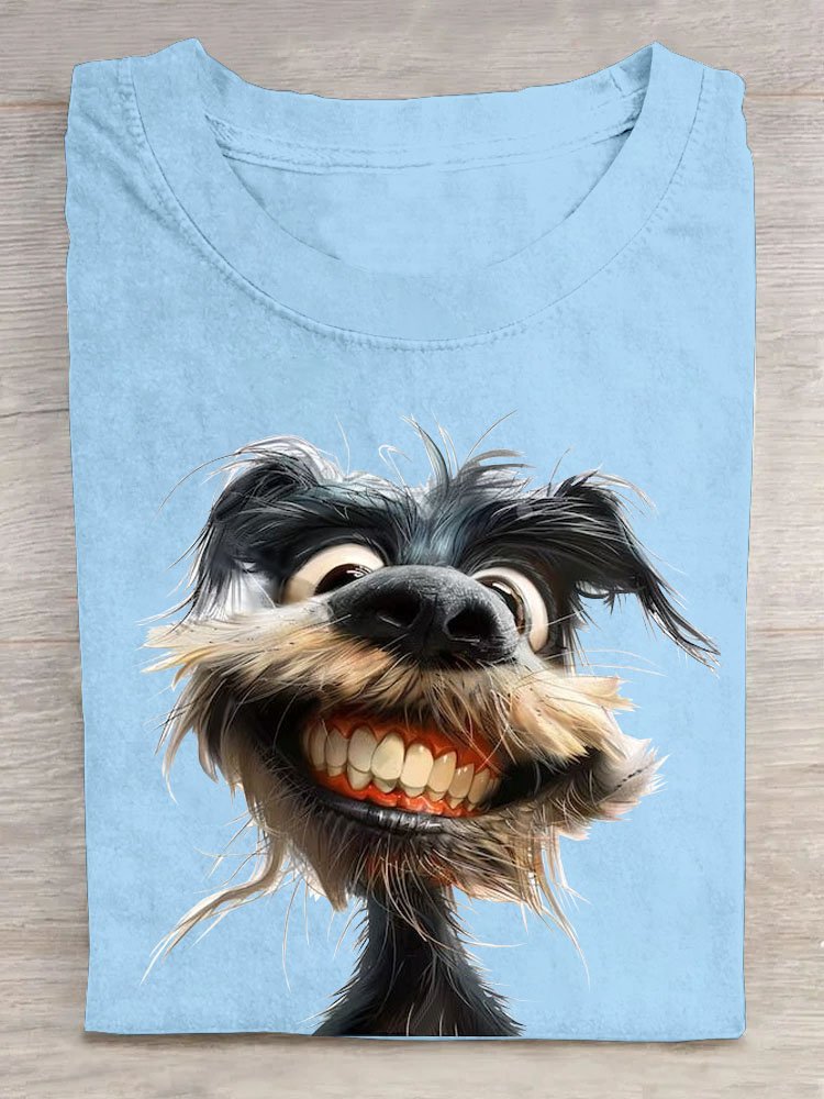 Funny Toothed Dog Printed Round Neck T-shirt