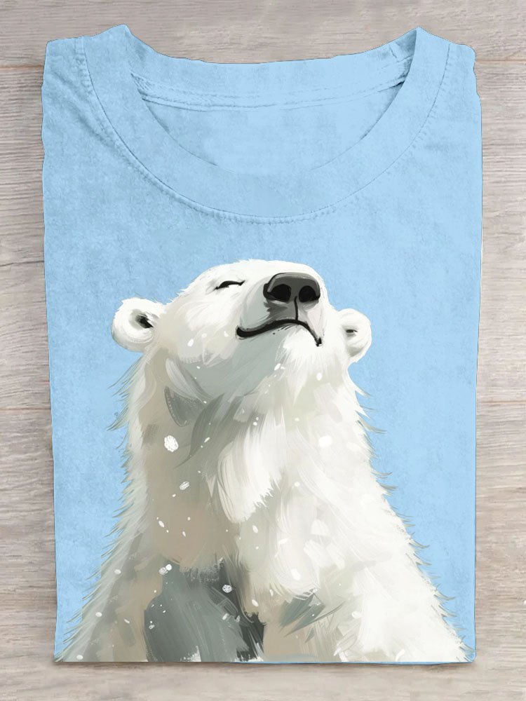 Polar Bear Printed Round Neck Casual T-shirt