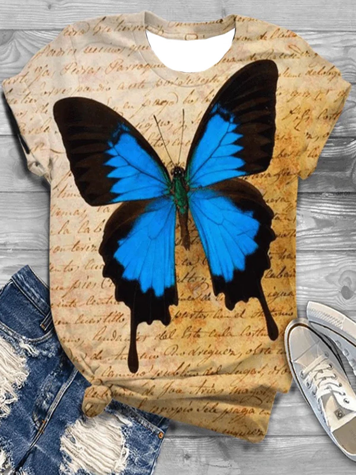 Butterfly print round neck short sleeved T-shirt