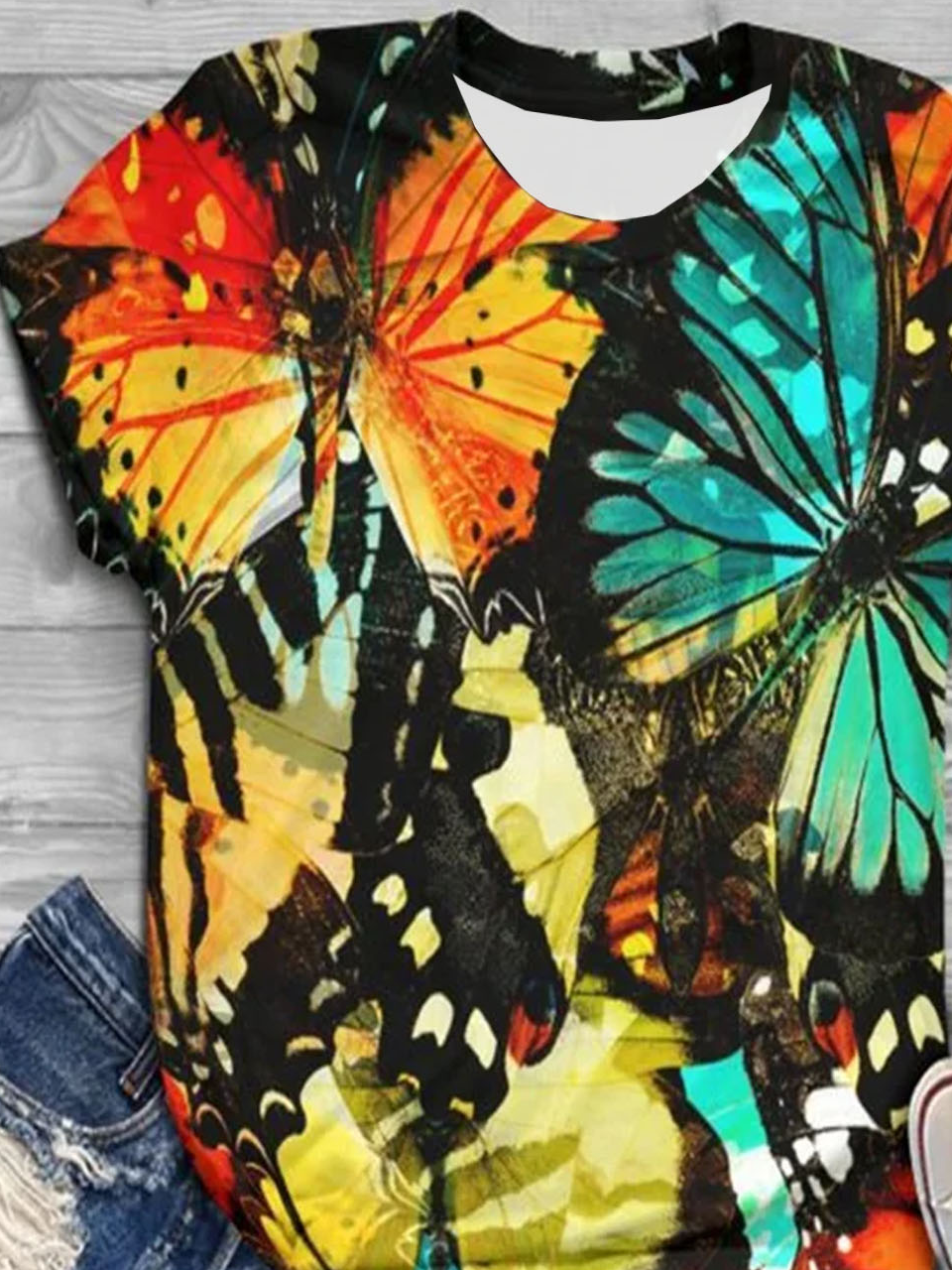 Butterfly print round neck short sleeved T-shirt