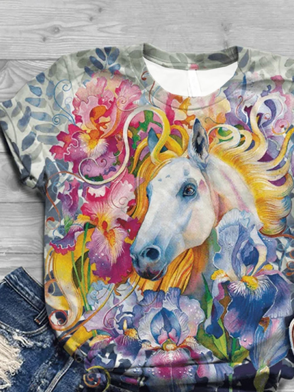 Horse print round neck short sleeved T-shirt