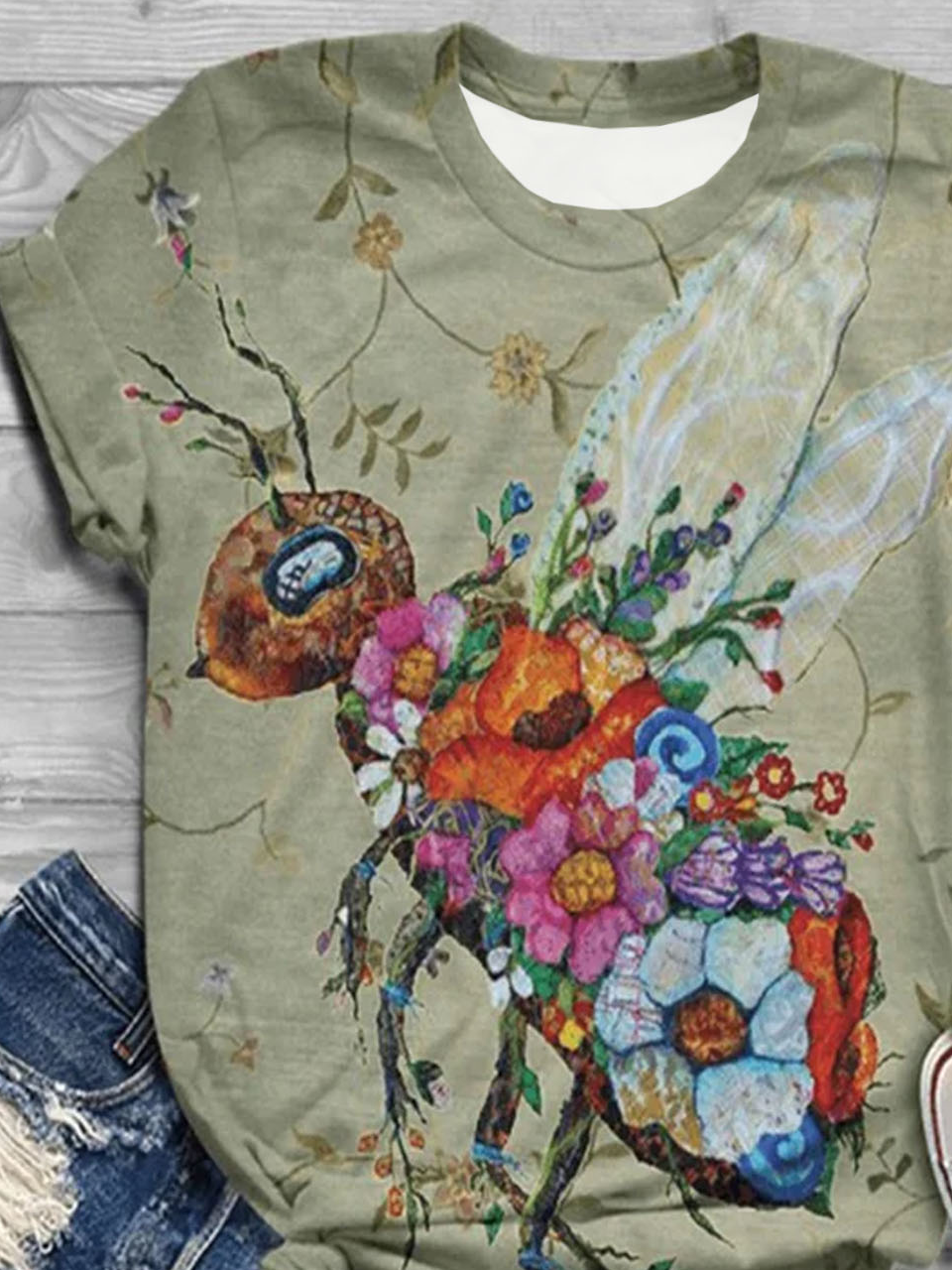 Ant floral print round neck short sleeved T-shirt