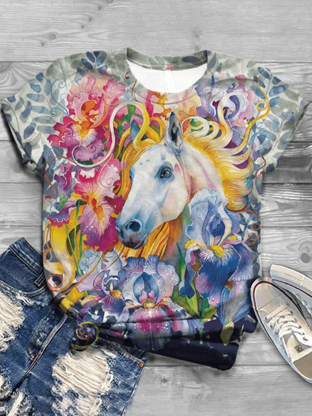 Horse print round neck short sleeved T-shirt