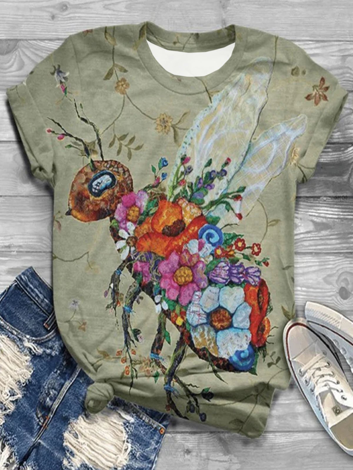 Ant floral print round neck short sleeved T-shirt