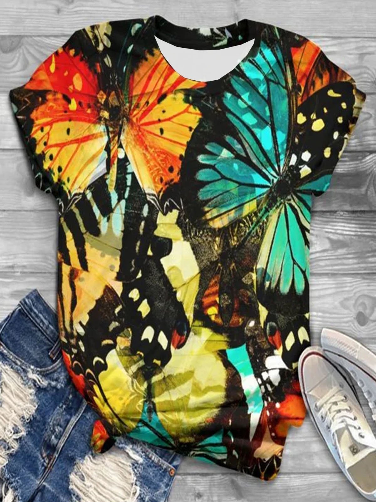 Butterfly print round neck short sleeved T-shirt