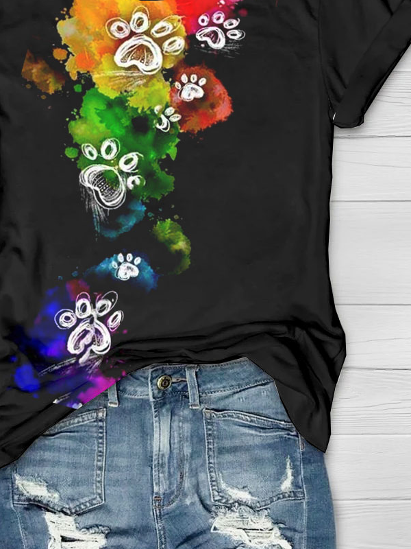 Abstract dog offset printed round neck short sleeved T-shirt