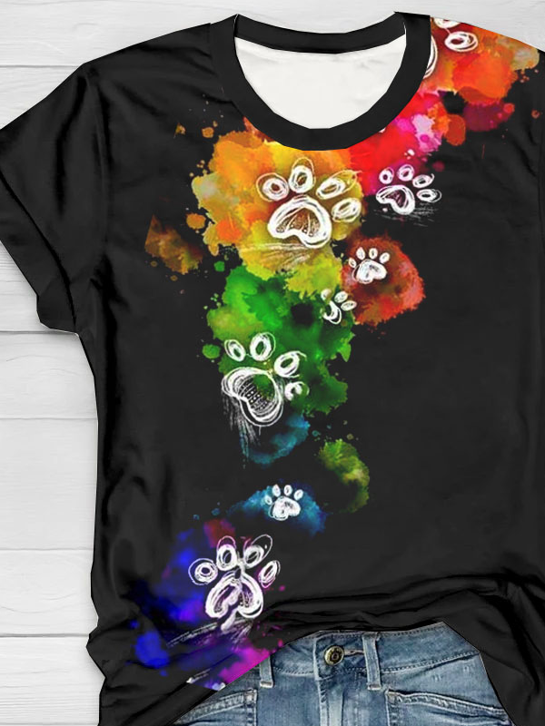 Abstract dog offset printed round neck short sleeved T-shirt