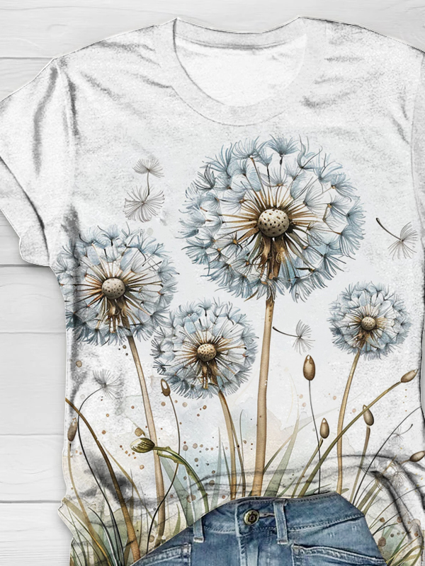 Loose Casual Crew Neck Dandelion T-Shirt