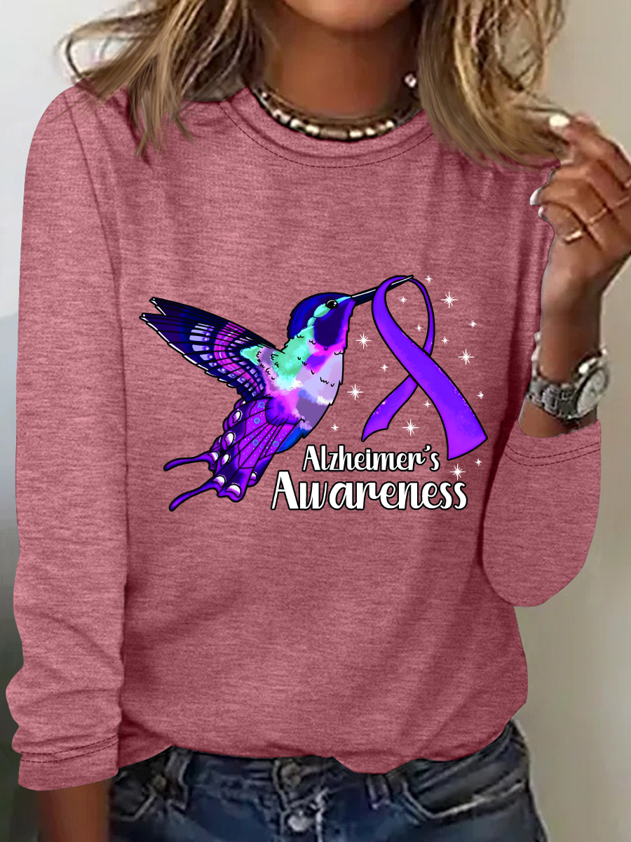 Alzheimers Awareness Humming Bird Casual Long Sleeve Shirt