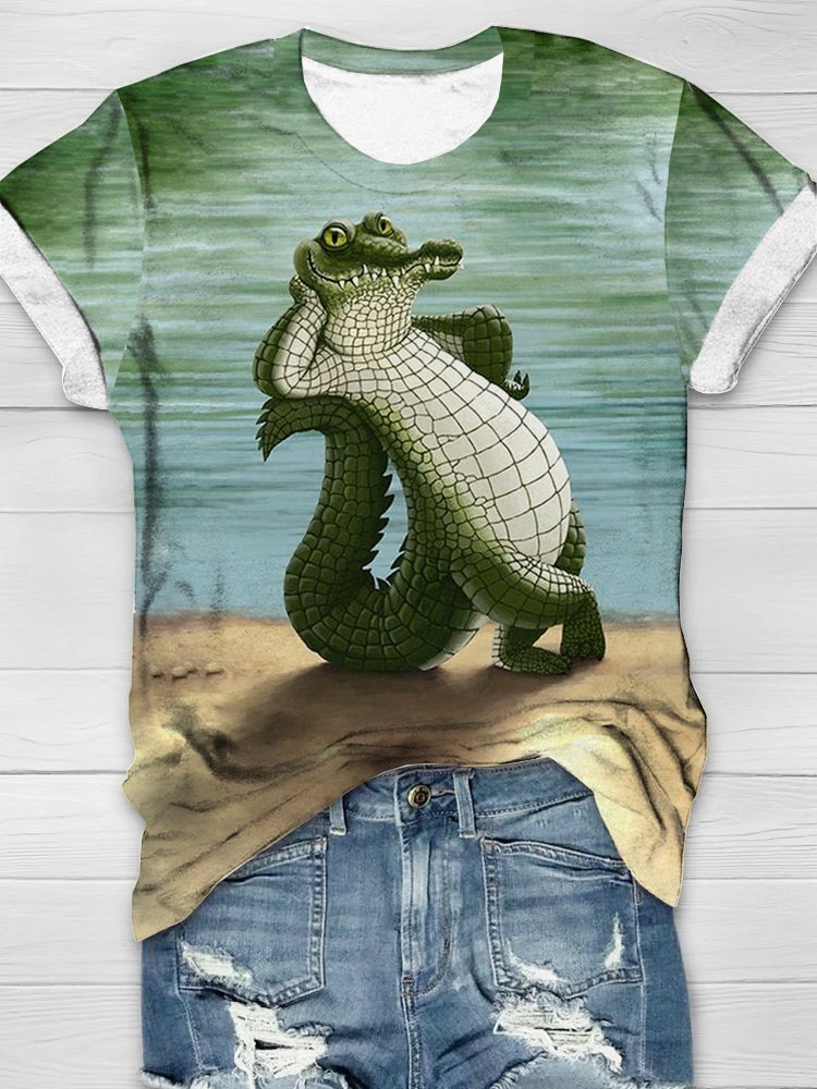 Funny Crocodile Print Casual Short Sleeve T-Shirt