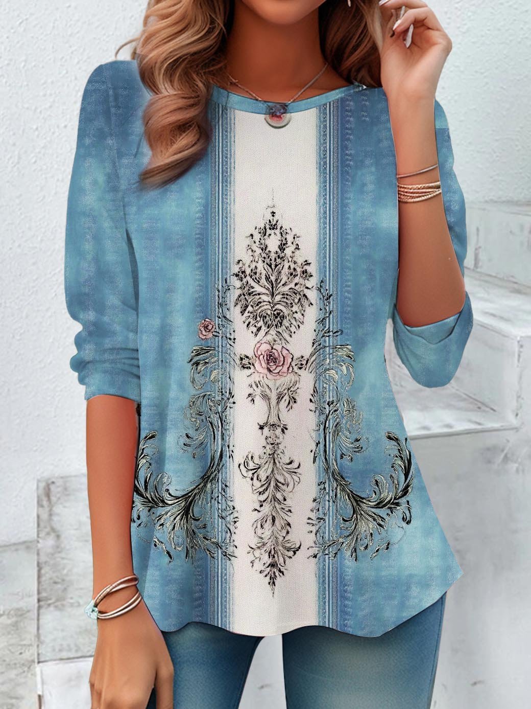 Ethnic Floral Design Round Neck Loose Long Sleeve T-Shirt