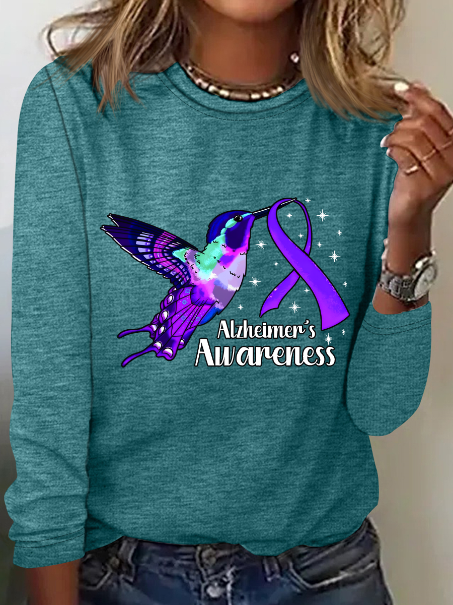 Alzheimers Awareness Humming Bird Casual Long Sleeve Shirt