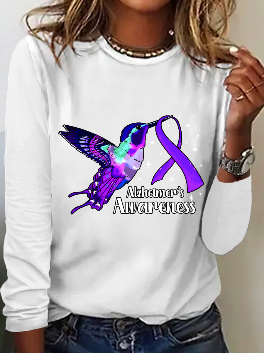 Alzheimers Awareness Humming Bird Casual Long Sleeve Shirt