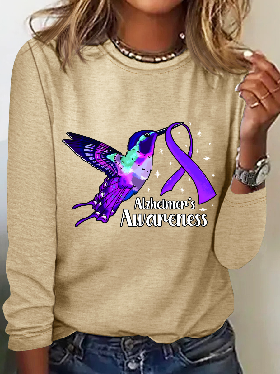 Alzheimers Awareness Humming Bird Casual Long Sleeve Shirt