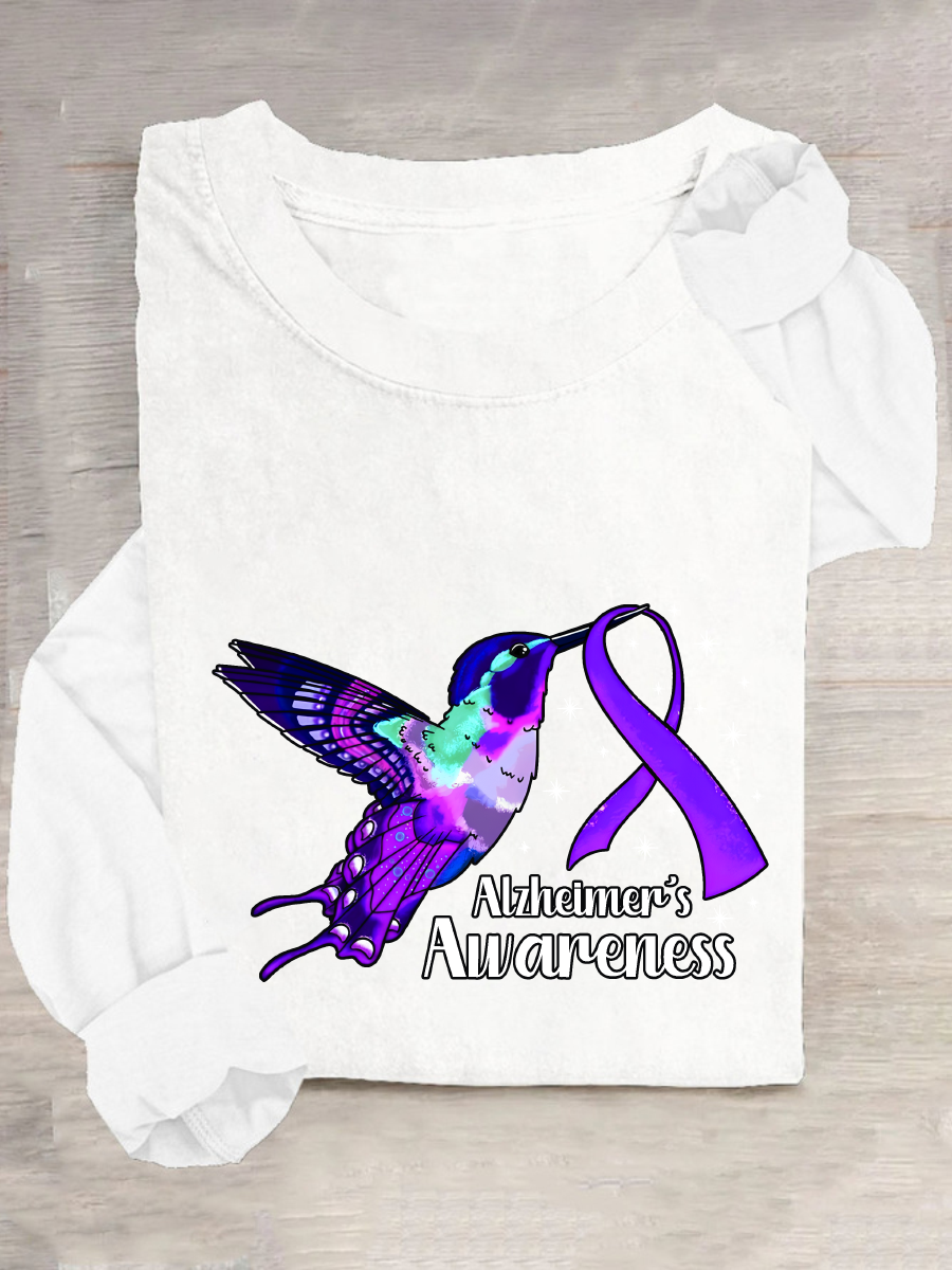 Alzheimers Awareness Humming Bird Casual Long Sleeve Shirt