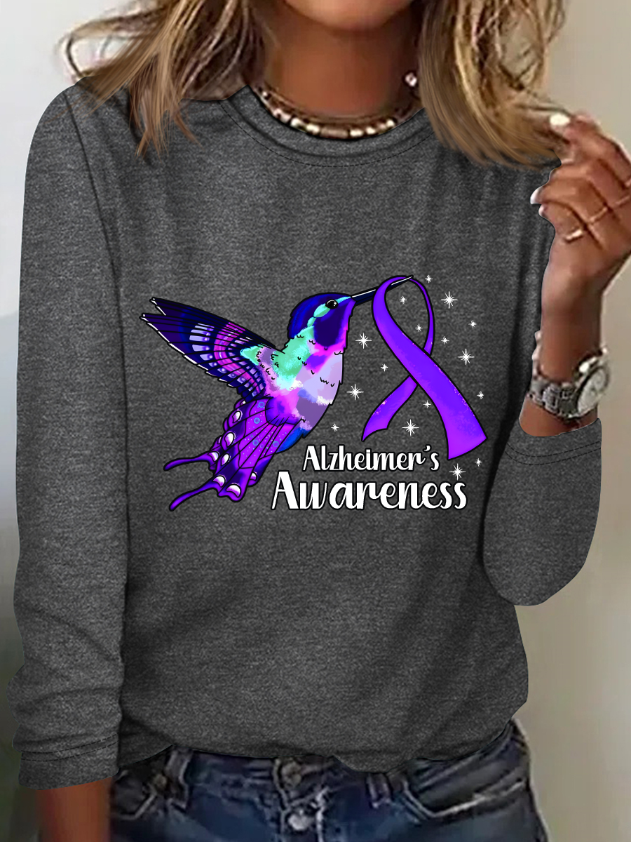 Alzheimers Awareness Humming Bird Casual Long Sleeve Shirt