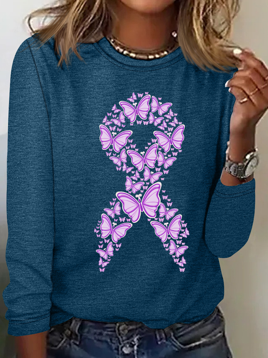 Purple Awareness Ribbon Casual Long Sleeve Shirt