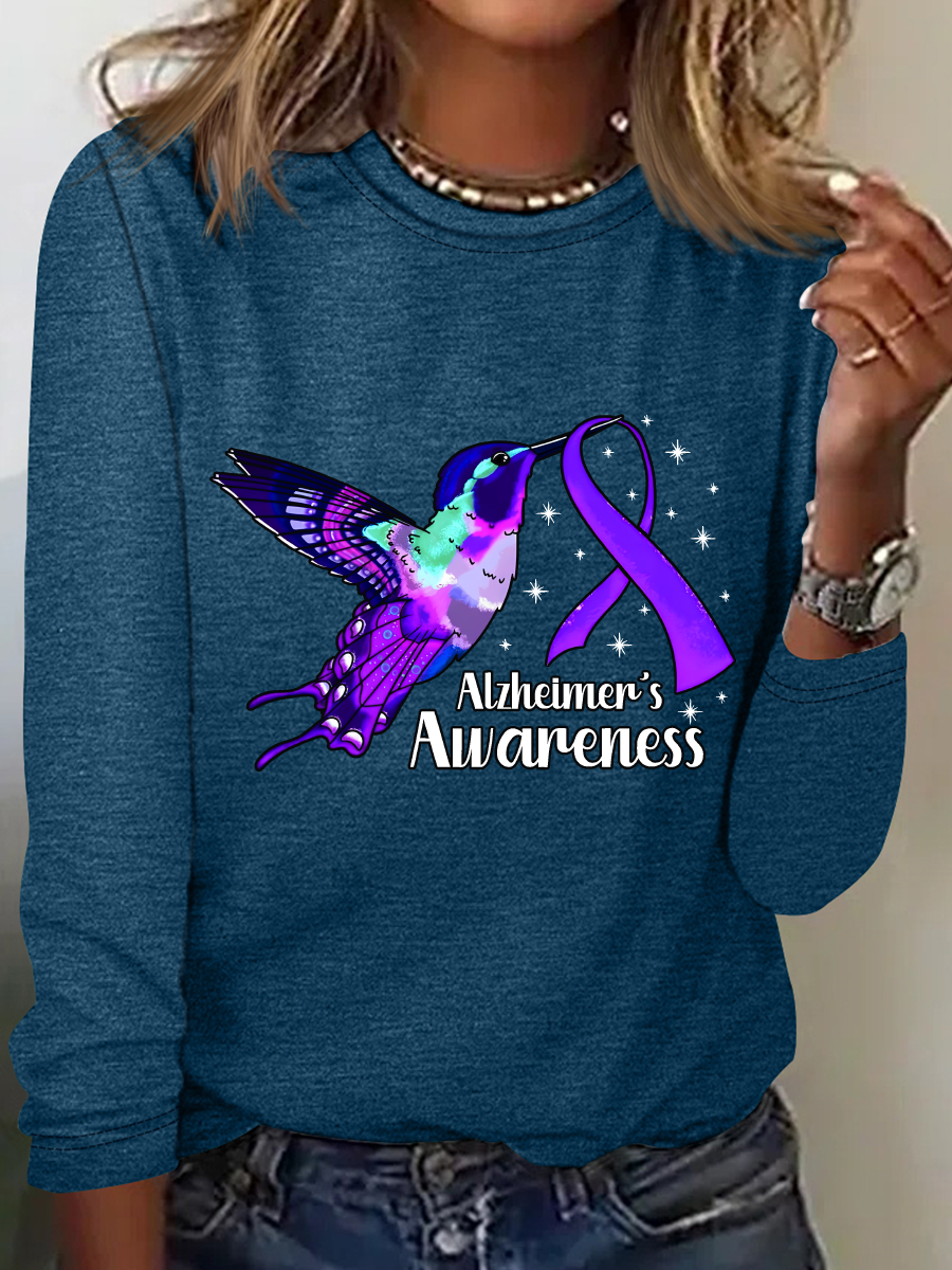 Alzheimers Awareness Humming Bird Casual Long Sleeve Shirt