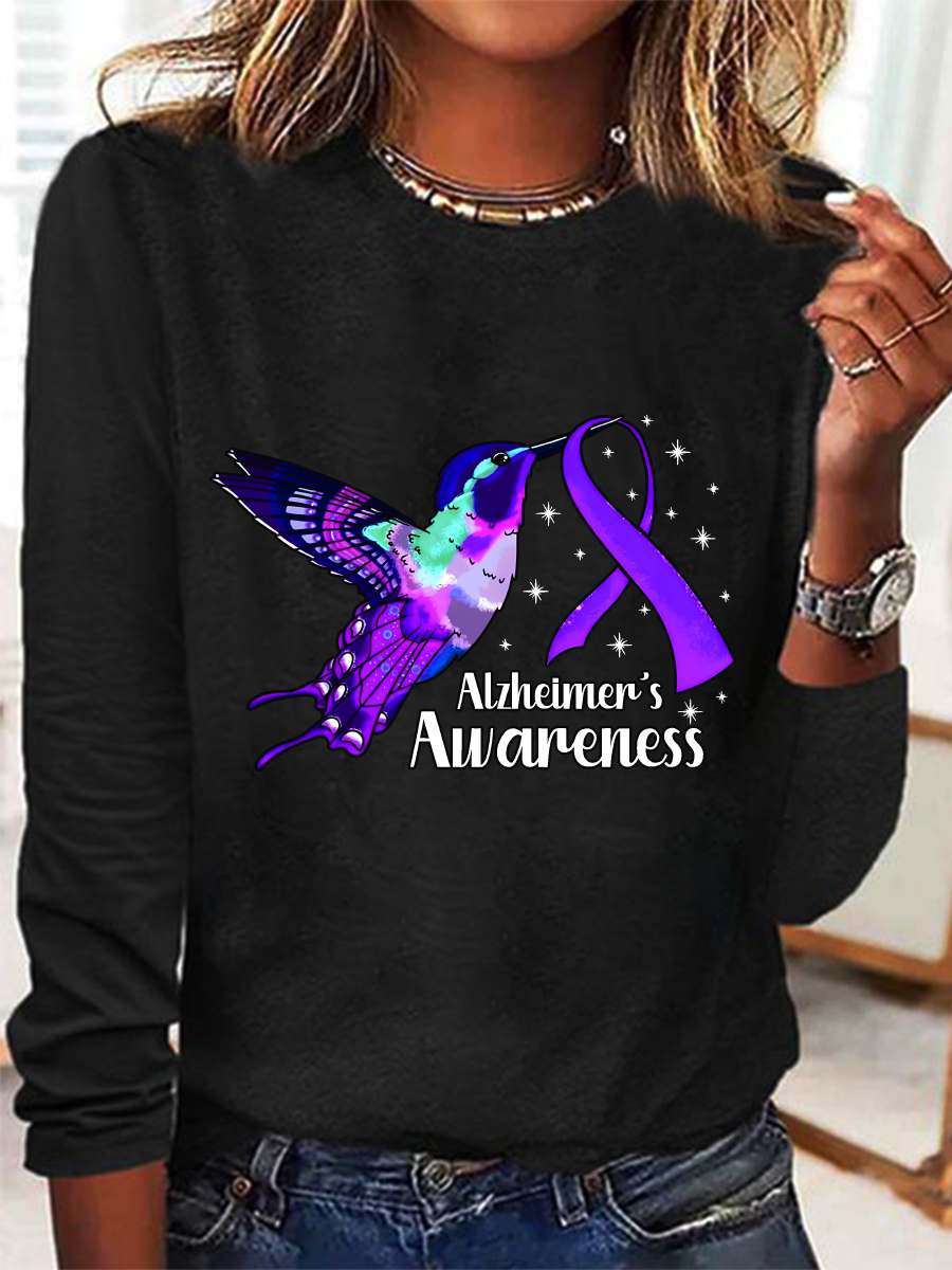 Alzheimers Awareness Humming Bird Casual Long Sleeve Shirt